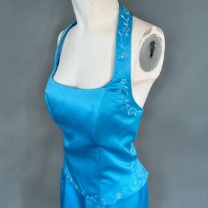 Y2K floral embroidery teal blue two piece halter top prom dress